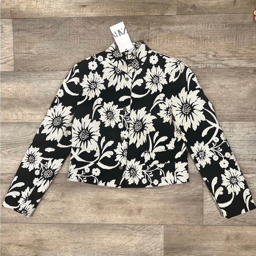 Zara NWT Black White Floral Jacquard Structured Blazer M - Picture 15 of 16
